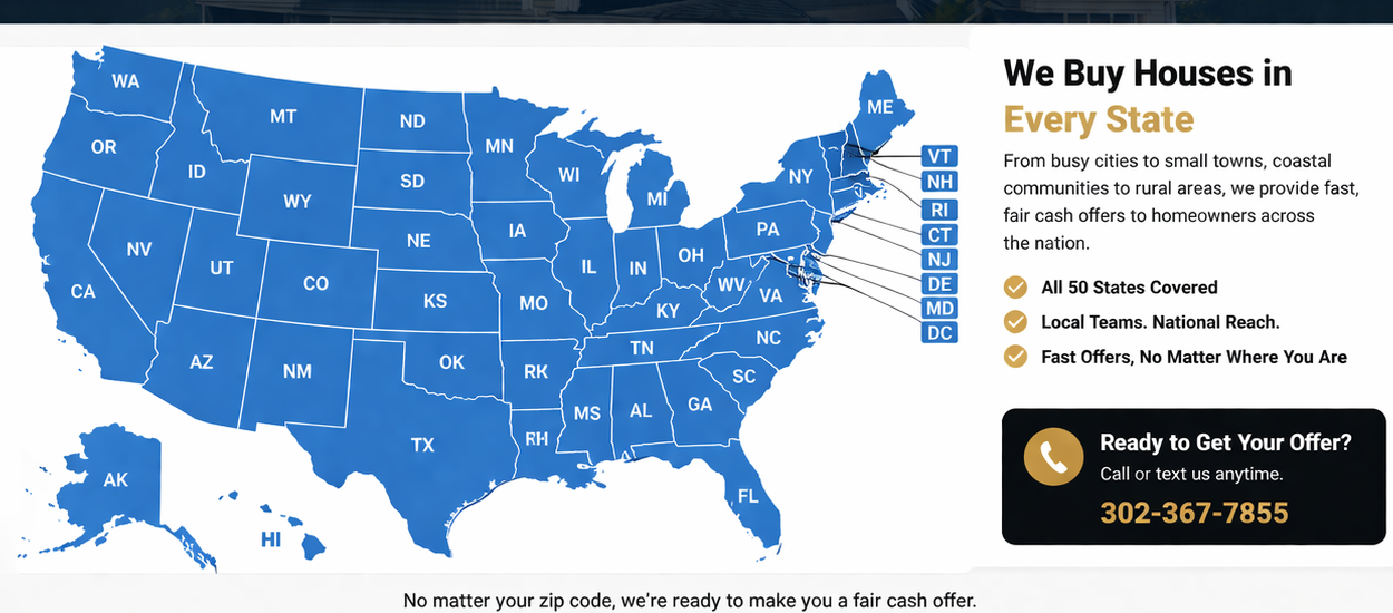 Map of the United States showing NVR TOO L8 Home Buyers service area in all 50 states